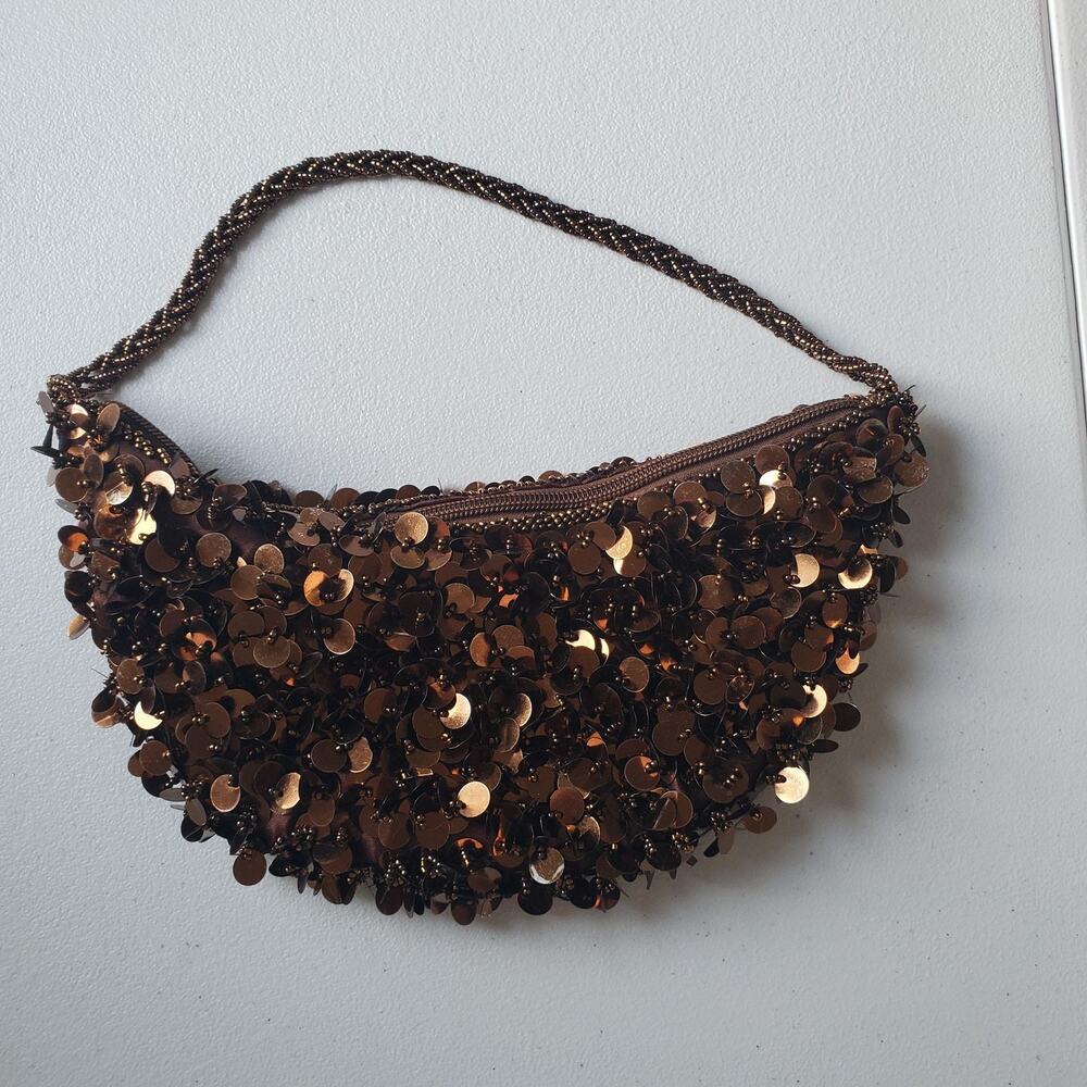 Vintage Brown Sequin Shoulder Bag Womens Small Beaded Strap Zip Evening Purse